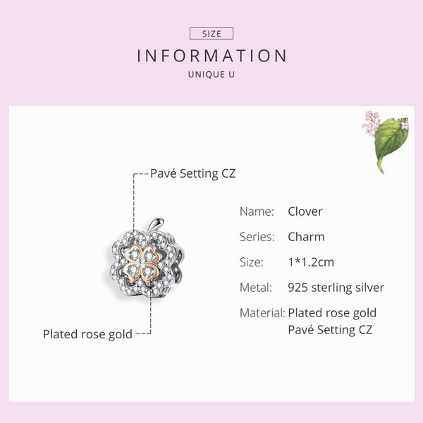 Four Leaf Clover Sterling Silver Zircon CZ Bead Charm Pendant Bracelet Necklace