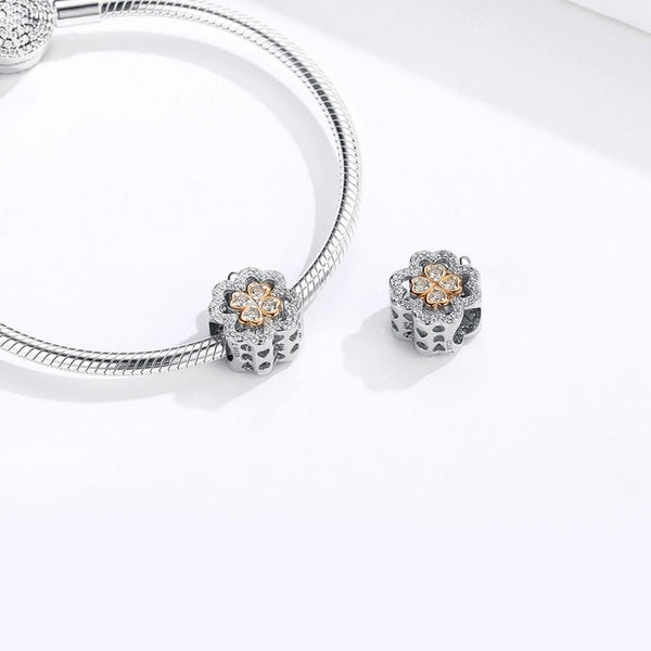 Four Leaf Clover Sterling Silver Zircon CZ Bead Charm Pendant Bracelet Necklace