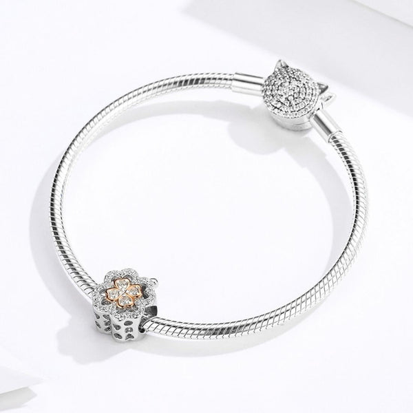 Four Leaf Clover Sterling Silver Zircon CZ Bead Charm Pendant Bracelet Necklace