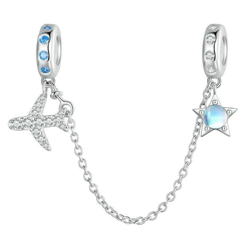 Airplane Aeroplane Star Sterling Silver Safety Chain For Bracelet