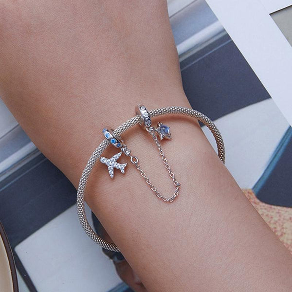 Airplane Aeroplane Star Sterling Silver Safety Chain For Bracelet