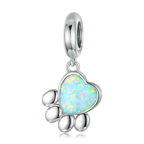 Opal Pawprint Heart Sterling Silver Platinum Plated Bead Charm Bracelet Necklace