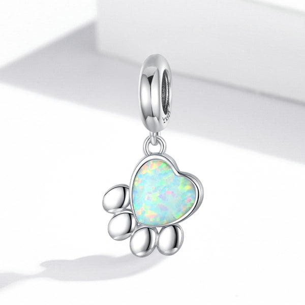 Opal Pawprint Heart Sterling Silver Platinum Plated Bead Charm Bracelet Necklace