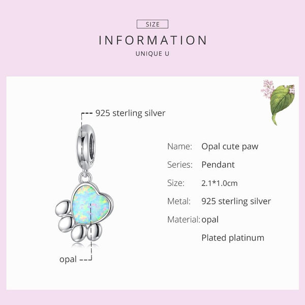 Opal Pawprint Heart Sterling Silver Platinum Plated Bead Charm Bracelet Necklace