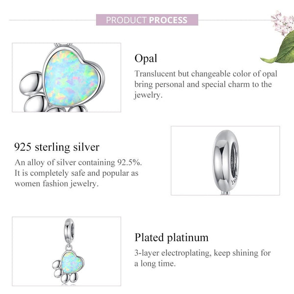 Opal Pawprint Heart Sterling Silver Platinum Plated Bead Charm Bracelet Necklace