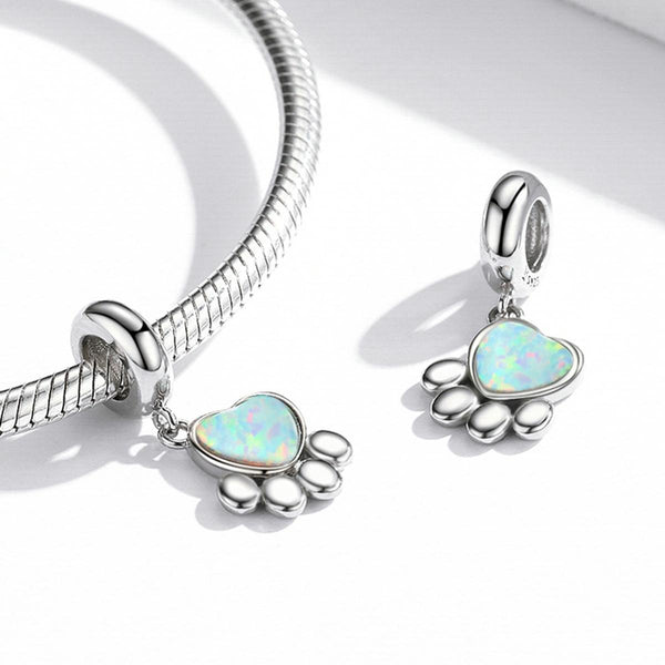 Opal Pawprint Heart Sterling Silver Platinum Plated Bead Charm Bracelet Necklace