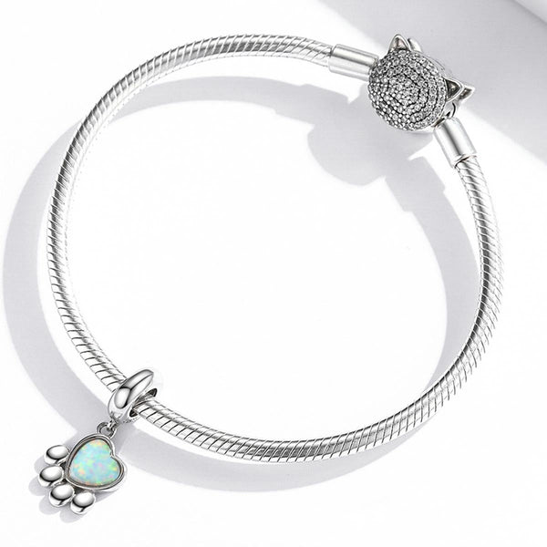 Opal Pawprint Heart Sterling Silver Platinum Plated Bead Charm Bracelet Necklace