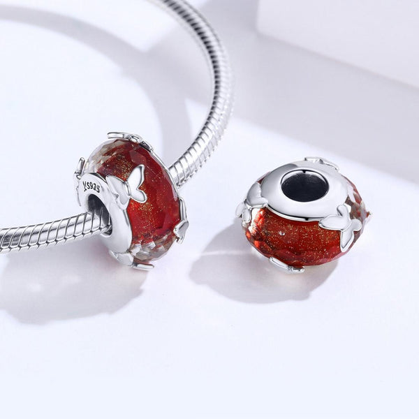 Butterflies Sterling Silver Red Glass Bead Charm Bracelet Necklace