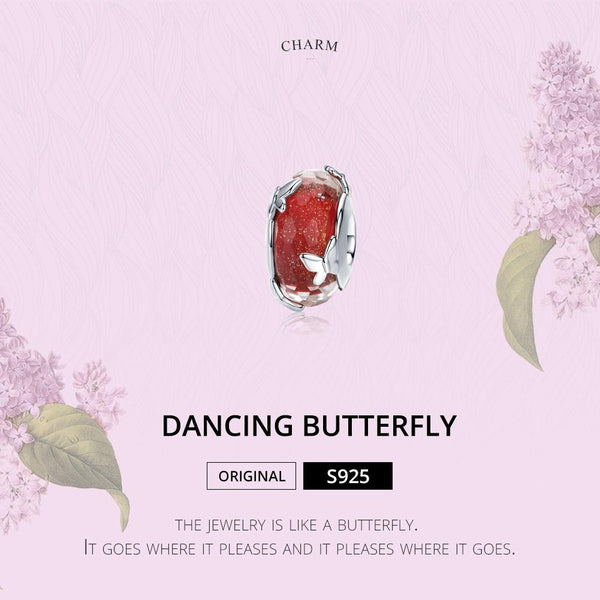 Butterflies Sterling Silver Red Glass Bead Charm Bracelet Necklace