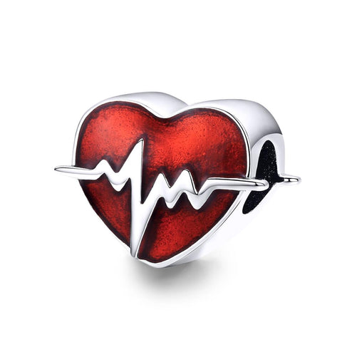 ECG Heartbeat Enamel Sterling Silver Bead Charm Bracelet Necklace Pendant