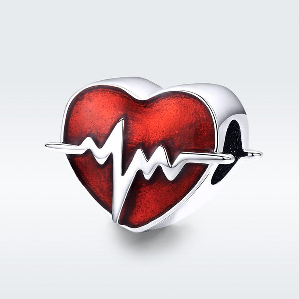 ECG Heartbeat Enamel Sterling Silver Bead Charm Bracelet Necklace Pendant