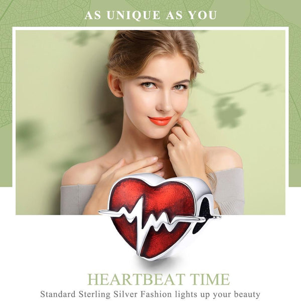 ECG Heartbeat Enamel Sterling Silver Bead Charm Bracelet Necklace Pendant