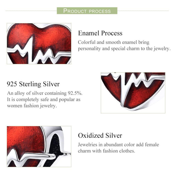 ECG Heartbeat Enamel Sterling Silver Bead Charm Bracelet Necklace Pendant