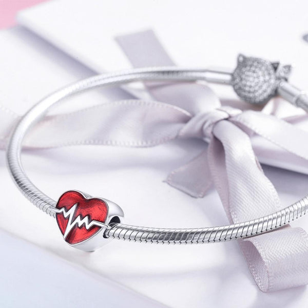 ECG Heartbeat Enamel Sterling Silver Bead Charm Bracelet Necklace Pendant