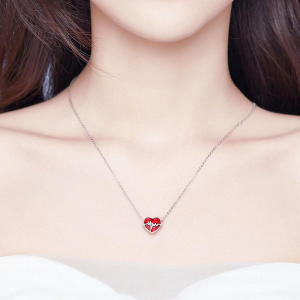 ECG Heartbeat Enamel Sterling Silver Bead Charm Bracelet Necklace Pendant