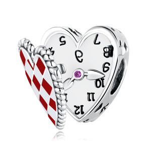 Clock Hear Enamel Sterling Silver Zircon CZ Bead Charm Bracelet Necklace