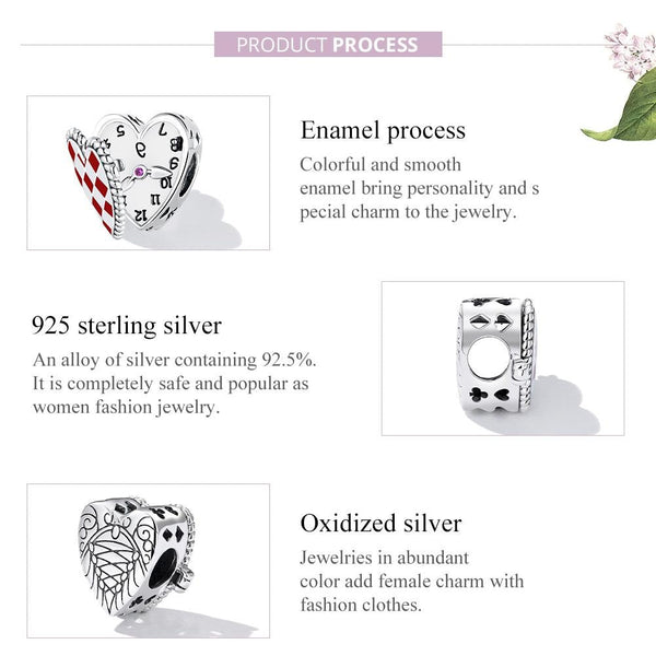 Clock Hear Enamel Sterling Silver Zircon CZ Bead Charm Bracelet Necklace