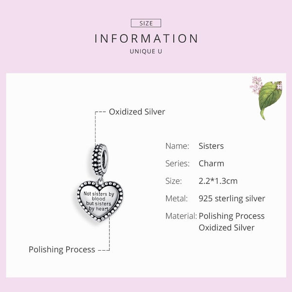 Sisters Heart Sterling Silver Bead Charm Bracelet Necklace Pendant