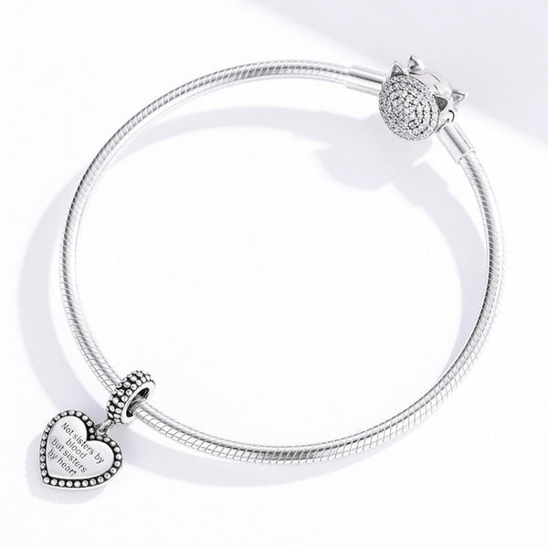 Sisters Heart Sterling Silver Bead Charm Bracelet Necklace Pendant