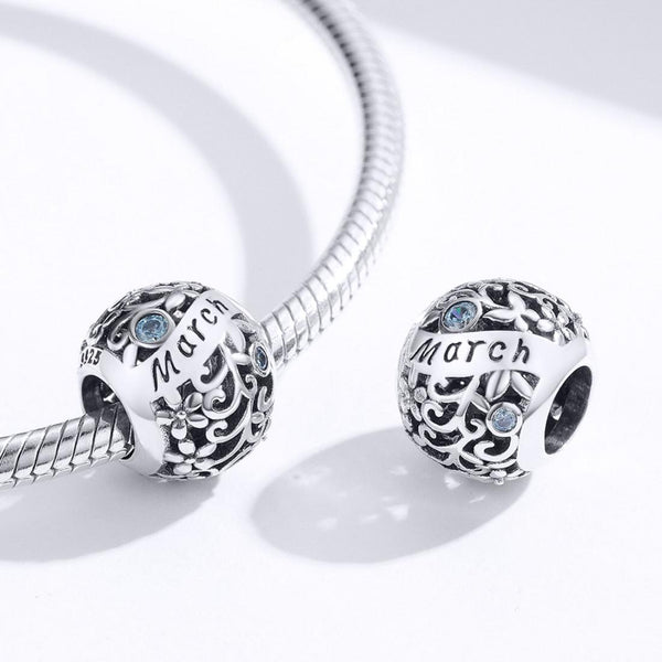 Aquamarine March Birthstone Sterling Silver Zircon CZ Bead Charm Bracelet Necklace