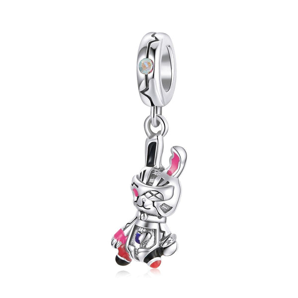 Cyberpunk Rabbit Enamel Sterling Silver CZ Bead Charm Pendant Bracelet Necklace