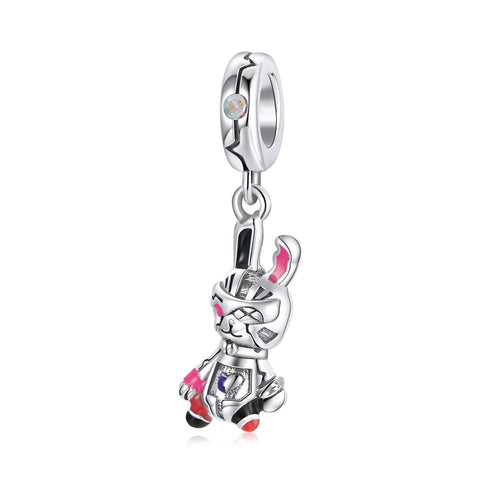 Cyberpunk Rabbit Enamel Sterling Silver CZ Bead Charm Pendant Bracelet Necklace