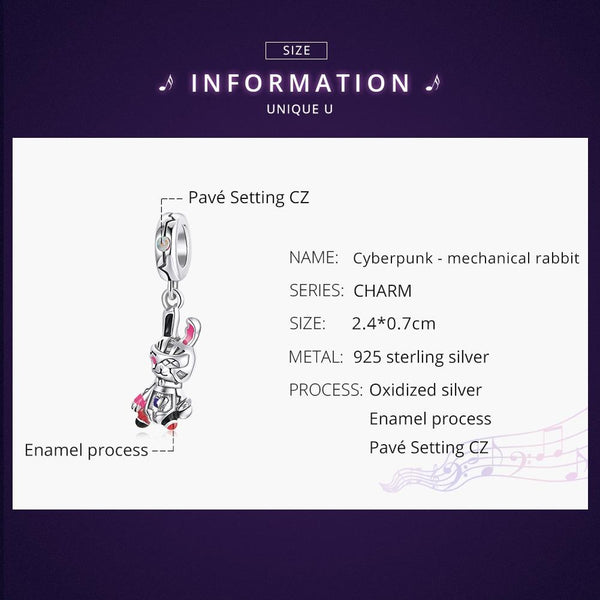 Cyberpunk Rabbit Enamel Sterling Silver CZ Bead Charm Pendant Bracelet Necklace