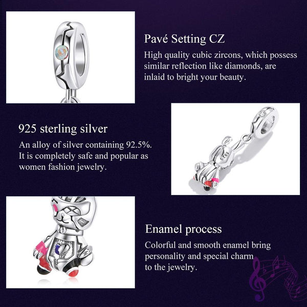 Cyberpunk Rabbit Enamel Sterling Silver CZ Bead Charm Pendant Bracelet Necklace
