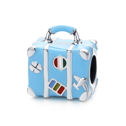 Suitcase Travel Enamel Sterling Silver Bead Charm Bracelet Necklace Pendant
