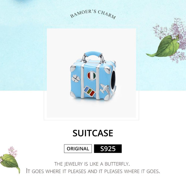 Suitcase Travel Enamel Sterling Silver Bead Charm Bracelet Necklace Pendant