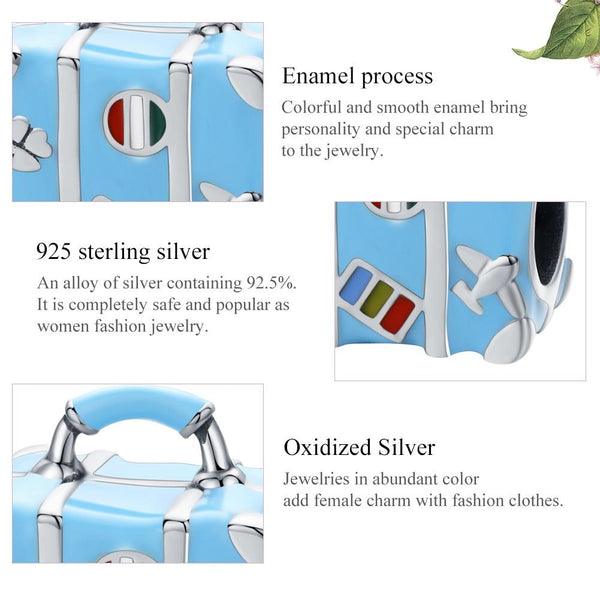 Suitcase Travel Enamel Sterling Silver Bead Charm Bracelet Necklace Pendant