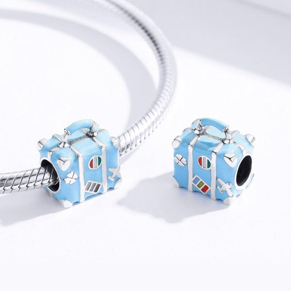 Suitcase Travel Enamel Sterling Silver Bead Charm Bracelet Necklace Pendant