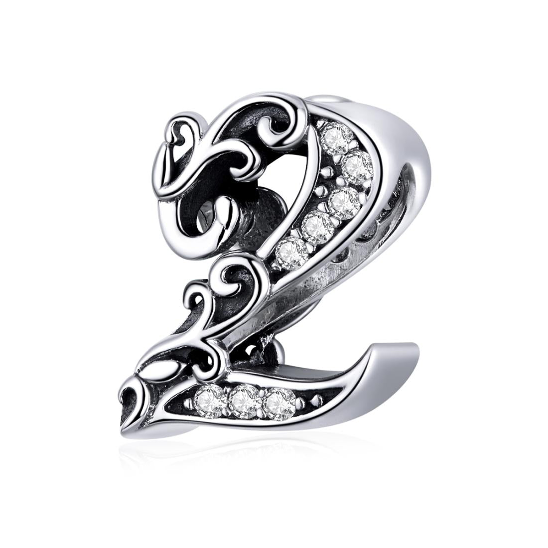 2 Number Numeral Sterling Silver Crystal Zircon CZ Bead Charm Bracelet Necklace