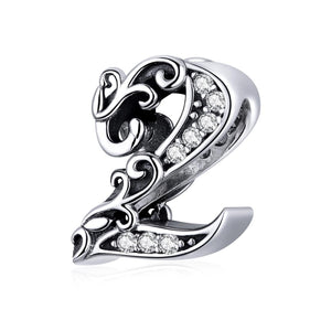 2 Number Numeral Sterling Silver Crystal Zircon CZ Bead Charm Bracelet Necklace