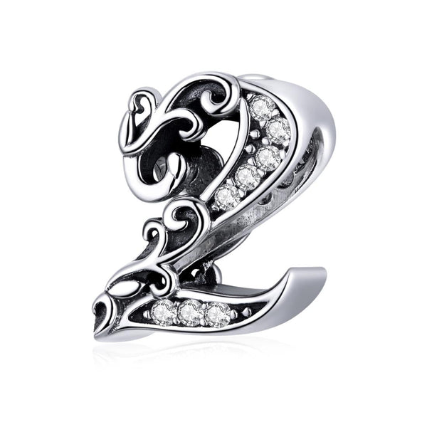 2 Number Numeral Sterling Silver Crystal Zircon CZ Bead Charm Bracelet Necklace