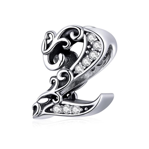 2 Number Numeral Sterling Silver Crystal Zircon CZ Bead Charm Bracelet Necklace