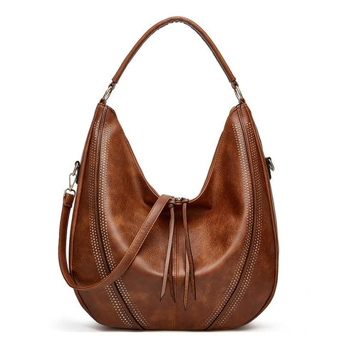 Faux PU Leather Bucket Slouch Underarm Shoulder Bag Handbag Tassel Brown