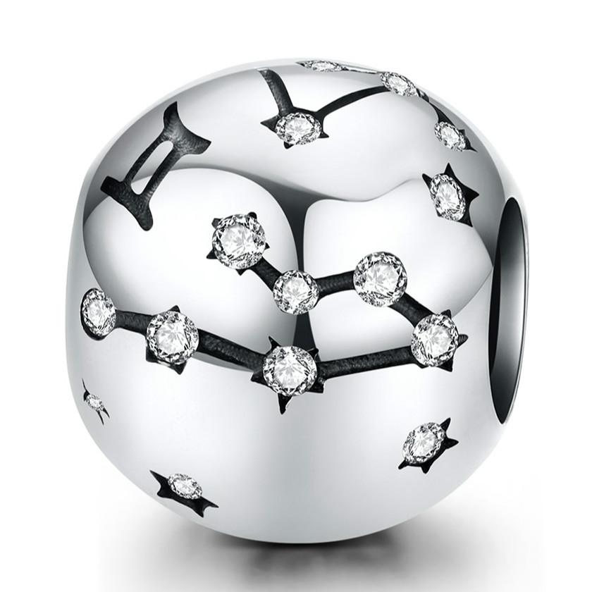 Gemini Zodiac Constellation Sterling Silver Zircon CZ Bead Charm Bracelet Necklace