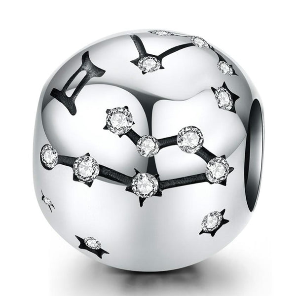 Gemini Zodiac Constellation Sterling Silver Zircon CZ Bead Charm Bracelet Necklace