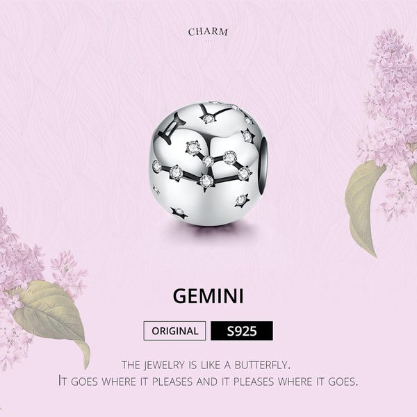 Gemini Zodiac Constellation Sterling Silver Zircon CZ Bead Charm Bracelet Necklace
