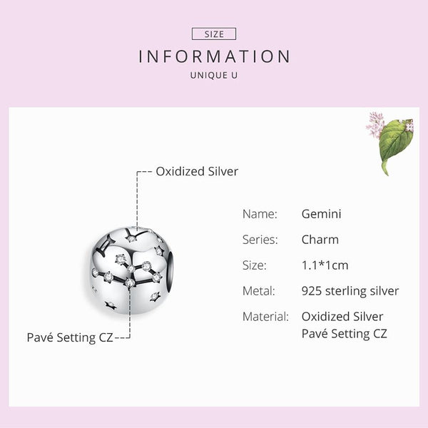 Gemini Zodiac Constellation Sterling Silver Zircon CZ Bead Charm Bracelet Necklace
