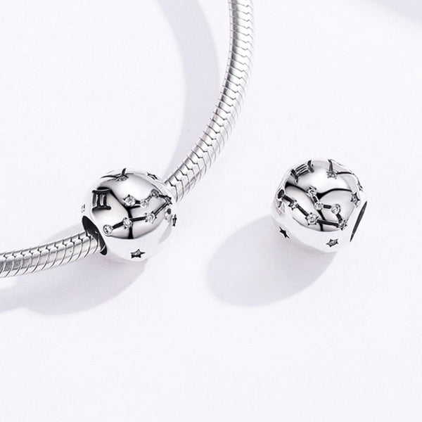 Gemini Zodiac Constellation Sterling Silver Zircon CZ Bead Charm Bracelet Necklace