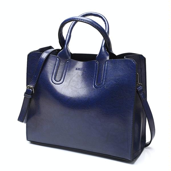 Faux PU Leather Casual Tote Crossbody Shoulder Bag Blue