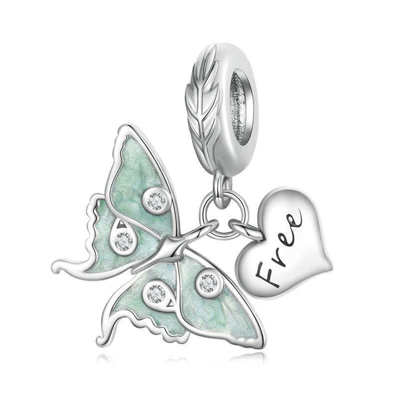 Free Heart Green Butterfly Sterling Silver Zircon CZ Glass Bead Charm Bracelet Necklace