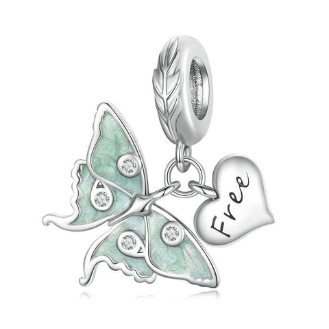 Free Heart Green Butterfly Sterling Silver Zircon CZ Glass Bead Charm Bracelet Necklace