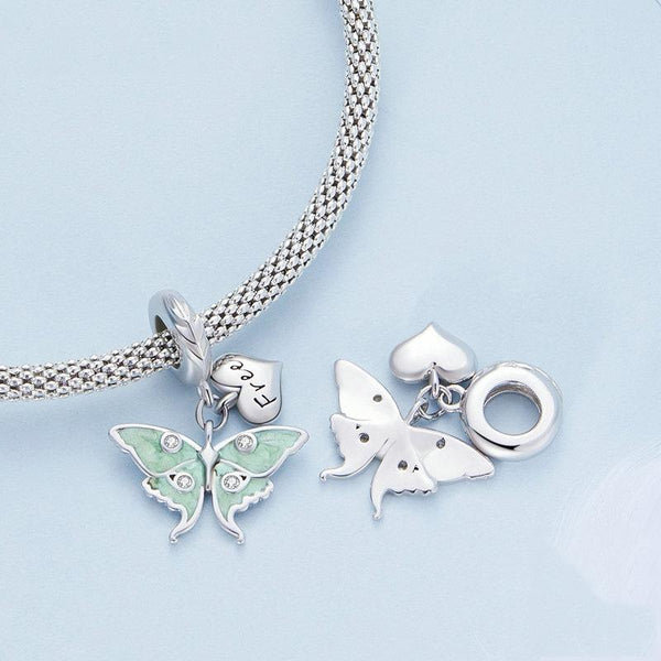Free Heart Green Butterfly Sterling Silver Zircon CZ Glass Bead Charm Bracelet Necklace