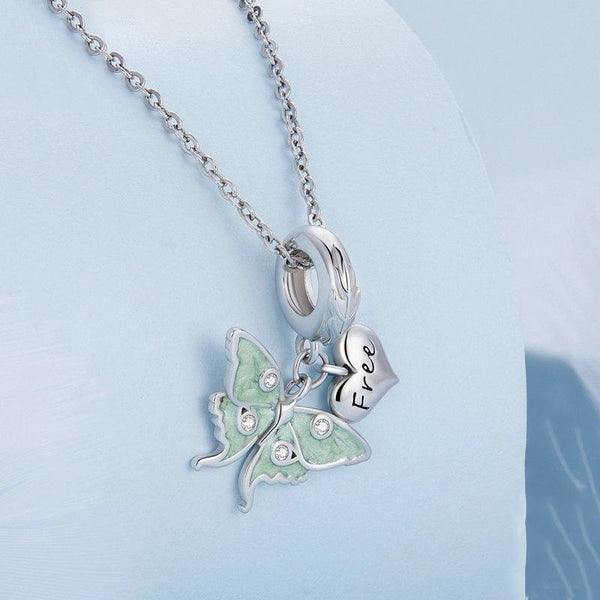 Free Heart Green Butterfly Sterling Silver Zircon CZ Glass Bead Charm Bracelet Necklace