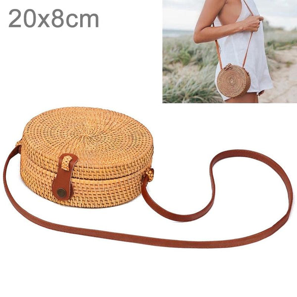 Handmade Round Rattan Crossbody Shoulder Bag Handbag Purse 20 x 20 x 8cm