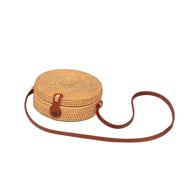 Handmade Round Rattan Crossbody Shoulder Bag Handbag Purse 20 x 20 x 8cm