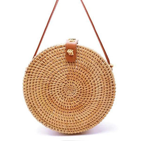Handmade Round Rattan Crossbody Shoulder Bag Handbag Purse 20 x 20 x 8cm